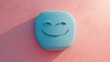 A minimalist blue smiley face sculpture radiates contentment against a warm pink wall, bringing a sense of calm and happiness.