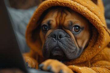 Wall Mural - A stylish pug, donning a cozy brown hoodie, lounges indoors, embodying the perfect combination of comfort and cuteness for any dog lover