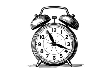 Classic alarm clock hand drawn ink sketch. Engraved style vector illustration.