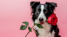 Cute Border Collie Dog Holding A Red Rose Flower In His Mouth For Valentine's Day, Studio Photo On Pink Background