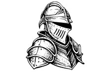 Armour Helmet Hand Drawn Ink Sketch. Engraved Style Vector Illustration.