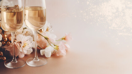 Two wine glasses and bouquet of flowers on the table on gold background