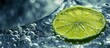 Fresh green lime slice fruit splashing in transparent water soda with bubbles drink background