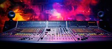 Sound Audio Mixer Panel In Recording Studio Scene. AI Generated Image