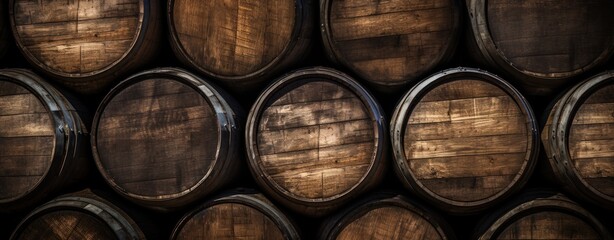 Old wooden whiskey, scotch, wine barrels stack in a warehouse. AI generated image