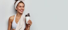 Portrait Happy Young Woman In Sportswear, White Towel, Holding Healthy Drink After Gym. AI Generated