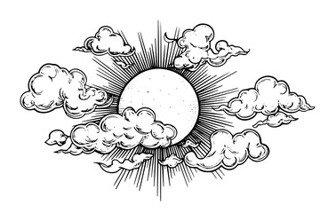 Sun with clouds hand drawn ink sketch. Engraved style vector illustration.