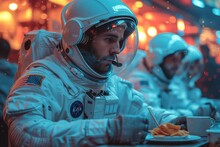A Team Of Explorers, Encased In Protective Suits, Huddle Together In A Sterile Space Pod To Share A Meal And A Moment Of Human Connection Amidst The Endless Expanse Of The Cosmos