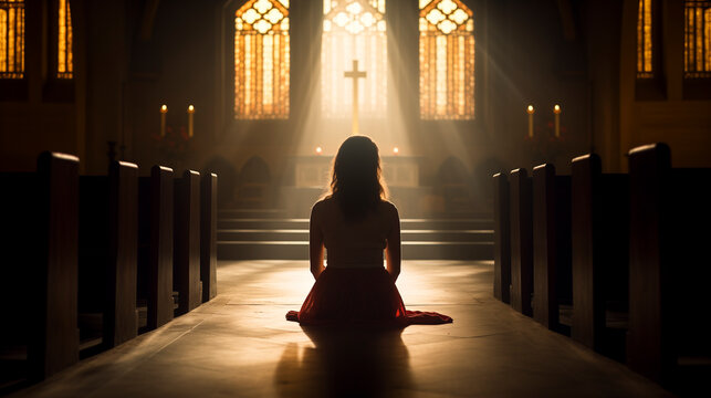 young woman kneeling in a church in front of the cross seeking guidance and solace - faith and religion concept