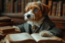 A Sophisticated Canine Enjoys A Good Read While Sitting Indoors, With His Brown Fur Matching The Wooden Shelf Behind Him