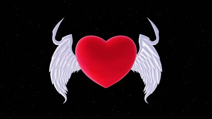Wall Mural - 3d red heart with white angel cupid wings isolated black. Love you symbol on Happy Valentines Day holiday. Wedding romantic background. Loop animation 30fps 4k