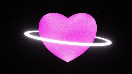 Wall Mural - 3d glitter shine glow pink heart on black background with white hoop in galaxy space. Dreamy aura y2k cute love symbol planet in retro 80s 90s. Happy Valentines Day.