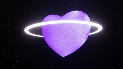 Wall Mural - 3d glitter shine glow purple heart on black background with white hoop in galaxy space sky. Dreamy aura y2k cute love symbol planet in retro 80s 90s. Happy Valentines Day. Looped animation 4k 30fps