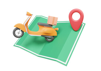 Poster - Motorcycle scooter express shipping navigation pin pointer map location GPS online delivery parcels box concept. on isolated background. minimal cartoon style. 3d rendering