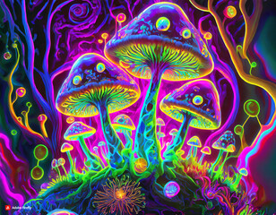  Magical neon mysterious mushrooms. Growing microorganisms. Fluorescent psicodelic - generated by ai