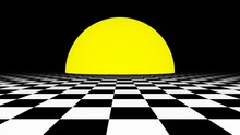 3d Abstract Yellow Sunset Black And White Glow Neon Light Tiles To The Sky. Synthway Checkered Board Chess Retrowave 80s 90s Grey Futuristic Sci-background. Animation 30fps 4k Loop	