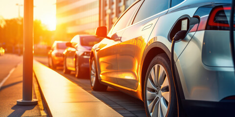 Wall Mural - Modern City Drive: A Row of Shiny Red and White Cars Parked on a Asphalt Lot, Reflecting the Urban Business and Fast-paced Lifestyle