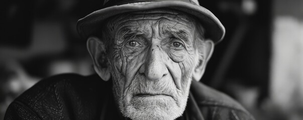 Black and white portrait of an old charismatic man with wrinkles