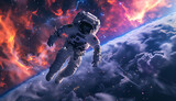 Fototapeta  - an astronaut is flying above space and a planet in
