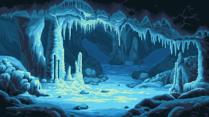 pixel art of ice cave dungeon background battle scene in RPG old school retro 16 bits, 32 bits game style