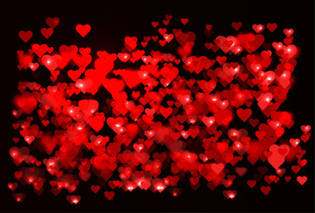 Wall Mural - Black greeting card banner with red shiny glowing hearts with bokeh effect