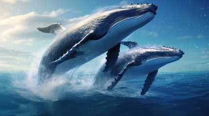 Wall Mural - Two whales jump out of the water, one larger than the other. The sky is a mix of blue and white clouds.