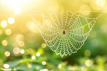 Wall Mural - Intricate spider s web adorned with vibrant dewdrops, glistening under the bright sunlight
