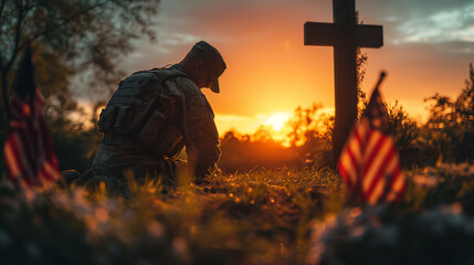 Wall Mural - 16:9 or 9:16 Soldiers sit on their knees to mourn the soldiers who died in the war on Memorial Day or Victory Day