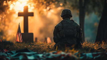 Wall Mural - 16:9 or 9:16 Soldiers sit on their knees to mourn the soldiers who died in the war on Memorial Day or Victory Day