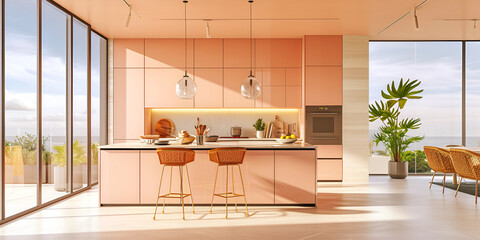 Modern kitchen in trendy peach color 2024, large windows, natural light, bright color blocks