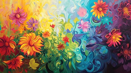 Poster - Abstract colorful background with flowers and swirls, watercolor painting