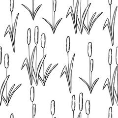 Wall Mural - River landscape with snones and reed grass in hand drawn sketch style