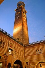 Wall Mural - night view of the Torre dei Lamberti from the courtyard of the Mercato Vecchio in the historic center of Verona in Italy