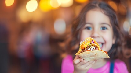 Happy preteen enjoying tacos in restaurant with blurred background and copy space