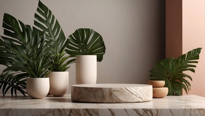 luxury product display podium in green leaves background