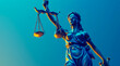 An imposing statue of Lady Justice, cast in a striking blue tone, holds the balanced scales of justice aloft against a calm gradient blue background