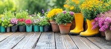 Sunny Spring And Summer Garden Background With Flowerpots And Yellow Boots For Gardening