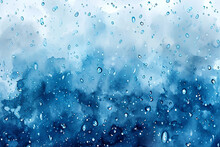Abstract Blue Watercolor Rain On A Glass Window Background, Portraying A Stormy Atmosphere With An Underwater Cartoon Feel.Depicts Rainy Weather, Cloud Sky Texture, And Raindrops With Ample Copy Space
