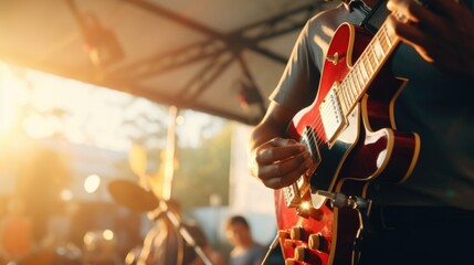 Sticker - A man is seen playing a guitar on a stage. This image can be used to depict live performances, music concerts, or musicians in action