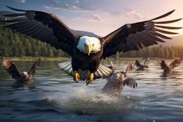 Poster - A powerful bald eagle launching into flight from a body of water. This image captures the majestic beauty and strength of this iconic bird. Perfect for nature and wildlife themes