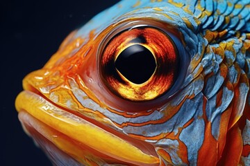 Poster - A close-up view of the vibrant and captivating eye of a colorful fish. Perfect for aquatic-themed designs and nature publications