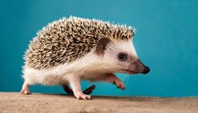 African Hedgehog Is Running On Isolated On Blue Cyan Background