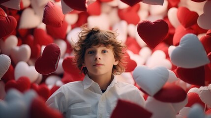 Poster - A boy wearing a white shirt standing amidst a backdrop of red and white hearts. Suitable for Valentine's Day or love-themed projects