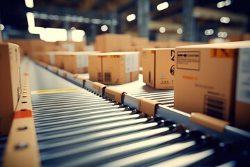 Poster - Boxes on a conveyor belt in a warehouse. Suitable for logistics, manufacturing, and storage concepts