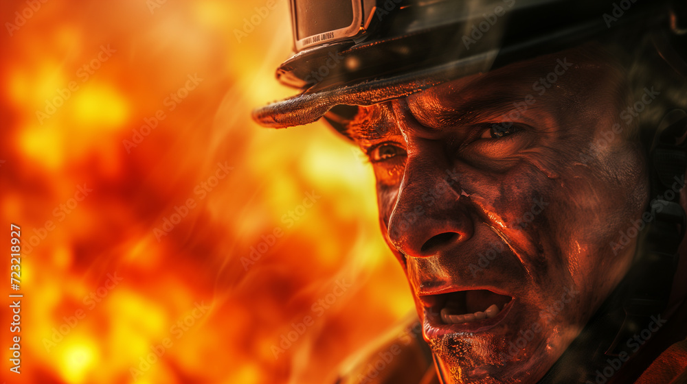 Engulfing Rage A photo of a screaming fireman, facial expressions showing rage and ...