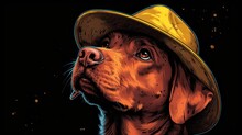 A Dog In A Hat, Dog Wearing A Straw Hat, Brown Labrador Retriever With A Hat On, Labrador Retriever Posing For The Camera.