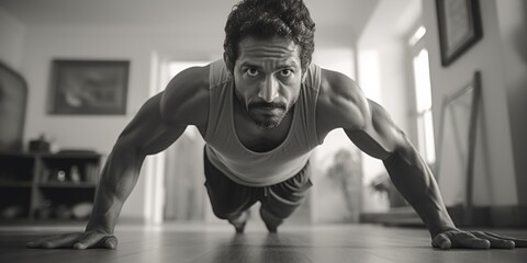 Poster - A man performing push ups on the floor. Ideal for fitness and exercise concepts