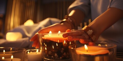 Wall Mural - A close-up shot of a person lighting candles. Perfect for adding a warm and cozy ambiance to any setting