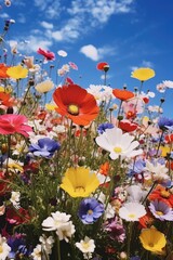Poster - A beautiful field of colorful flowers with a clear blue sky in the background. Perfect for springtime and nature-themed designs