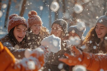 Wall Mural - Friends in a snowball fight